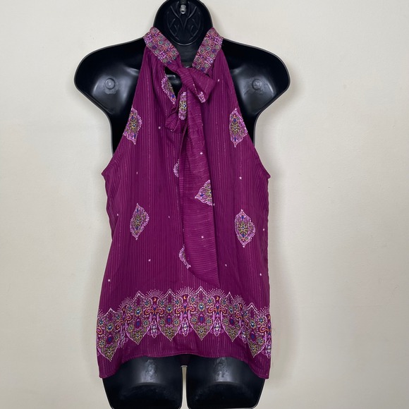 Loft Shimmer Stripe Mosaic Bow Back Halter Top Purple Paisley Womens S‎ NWT - Picture 6 of 10